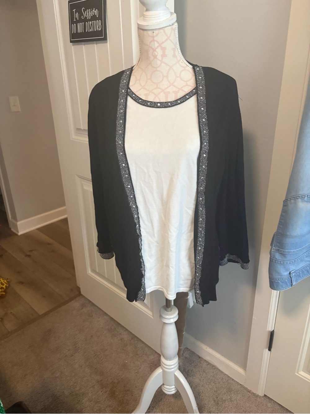 Alfred Dunner Black Open-Front Cardigan with Silver Trim